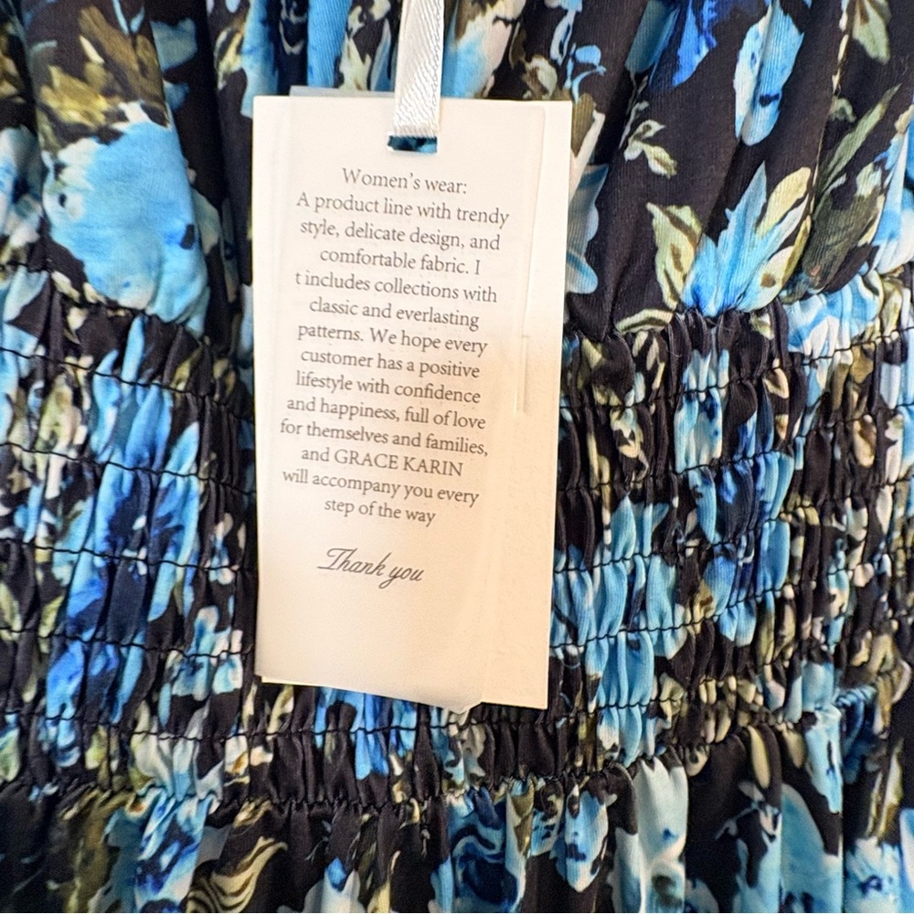 Grace Karin Womens Blue Floral Maxi Dress Small Smocked NWT - Picture 7 of 13